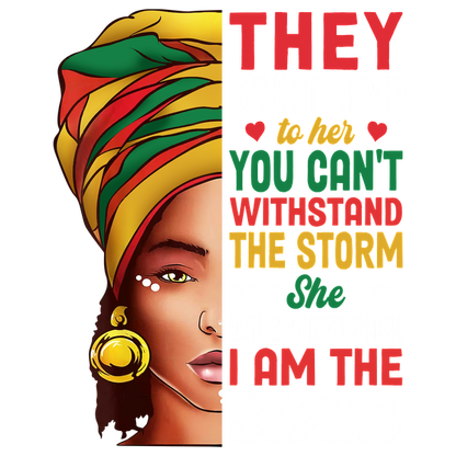 Inspiring graphic featuring a confident woman in a colorful headwrap, accompanied by empowering text about resilience and strength. dtf transfers