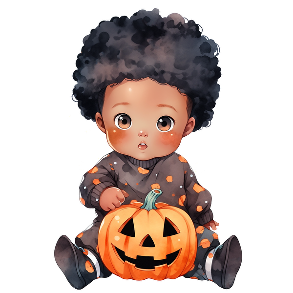 Un lindo bebé con cabello rizado se sienta junto a una sonriente linterna de Halloween, vestido con un acogedor atuendo con temática de Halloween.