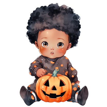 Un lindo bebé con cabello rizado se sienta junto a una sonriente linterna de Halloween, vestido con un acogedor atuendo con temática de Halloween.