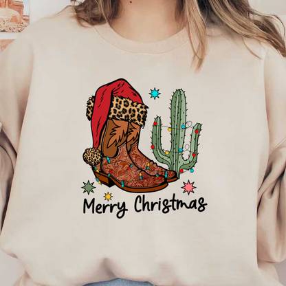 Festive cowboy boots adorned with lights, a cheetah-print Santa hat, and a cheerful cactus create a whimsical holiday vibe. dtf prints