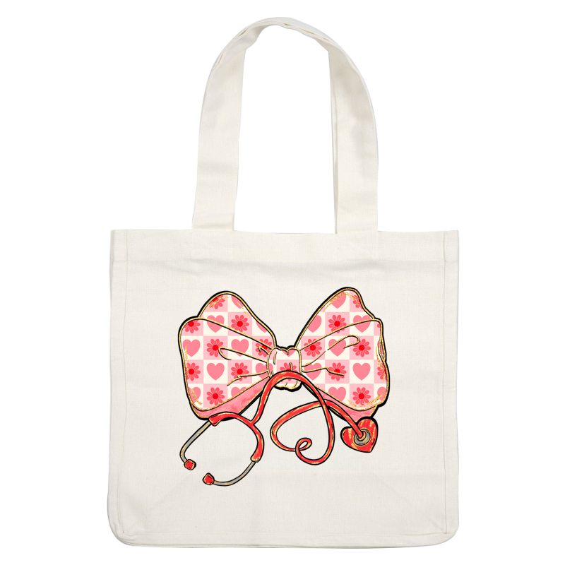 A charming illustration of a pink checkered bow adorned with hearts and flowers, intertwined with a stethoscope.DTF Transfers