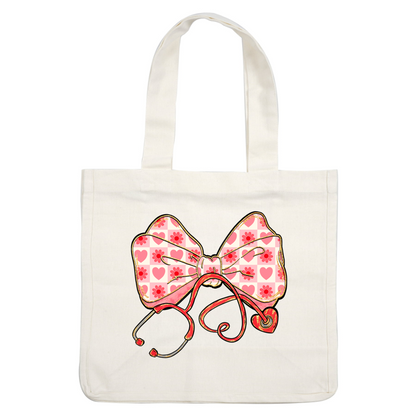 A charming illustration of a pink checkered bow adorned with hearts and flowers, intertwined with a stethoscope.DTF Transfers