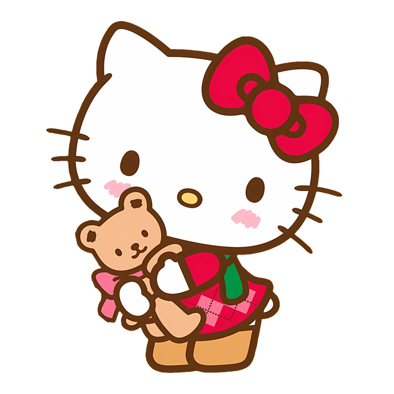 Hello Kitty, wearing a red bow and cute outfit, lovingly holds a teddy bear in this adorable illustration.DTF Transfers