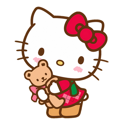 Hello Kitty, wearing a red bow and cute outfit, lovingly holds a teddy bear in this adorable illustration.DTF Transfers