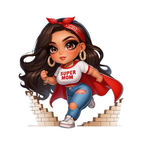 A vibrant superhero-themed character, wearing a "SUPER MOM" shirt, jeans, and a cape, symbolizing strength and empowerment.dtf regular iron