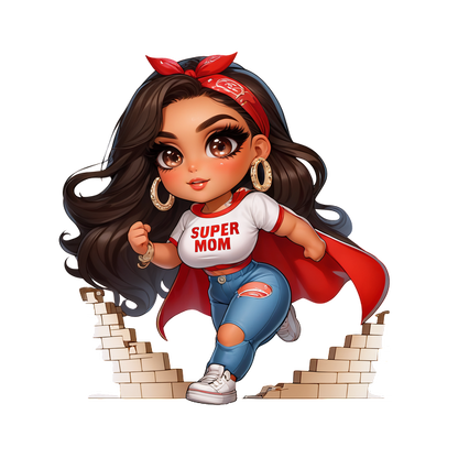 A vibrant superhero-themed character, wearing a "SUPER MOM" shirt, jeans, and a cape, symbolizing strength and empowerment.dtf regular iron