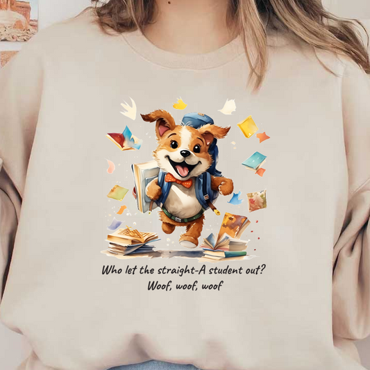 Un alegre perro de dibujos animados con una mochila y una pajarita corre alegremente con libros abiertos y páginas dispersas a su alrededor.