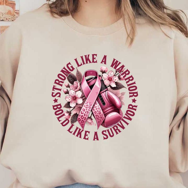 Celebre la fuerza y ​​la resiliencia con este diseño vibrante que presenta guantes de boxeo rosas, una cinta de concientización sobre el cáncer de mama y detalles florales.