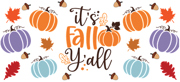 Celebrate the autumn season with this vibrant "It's Fall Y'all" design featuring colorful pumpkins and autumn leaves.UV Transfers dtf prints