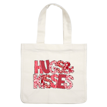 A playful and vibrant graphic featuring the words "Hugs & Kisses" adorned with a variety of hearts in shades of red.DTF Transfers