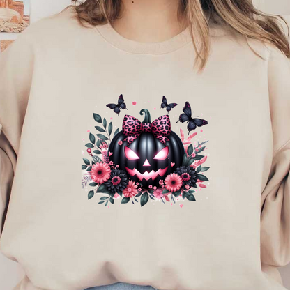 Una caprichosa calabaza negra adornada con un lazo con estampado de leopardo rosa, rodeada de flores y mariposas vibrantes, perfecta para Halloween.