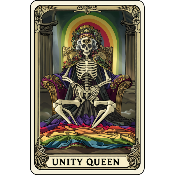 Una carta del tarot vibrante y artística que presenta un esqueleto sentado coronado como "Reina de la Unidad", sobre un fondo de arcoíris.