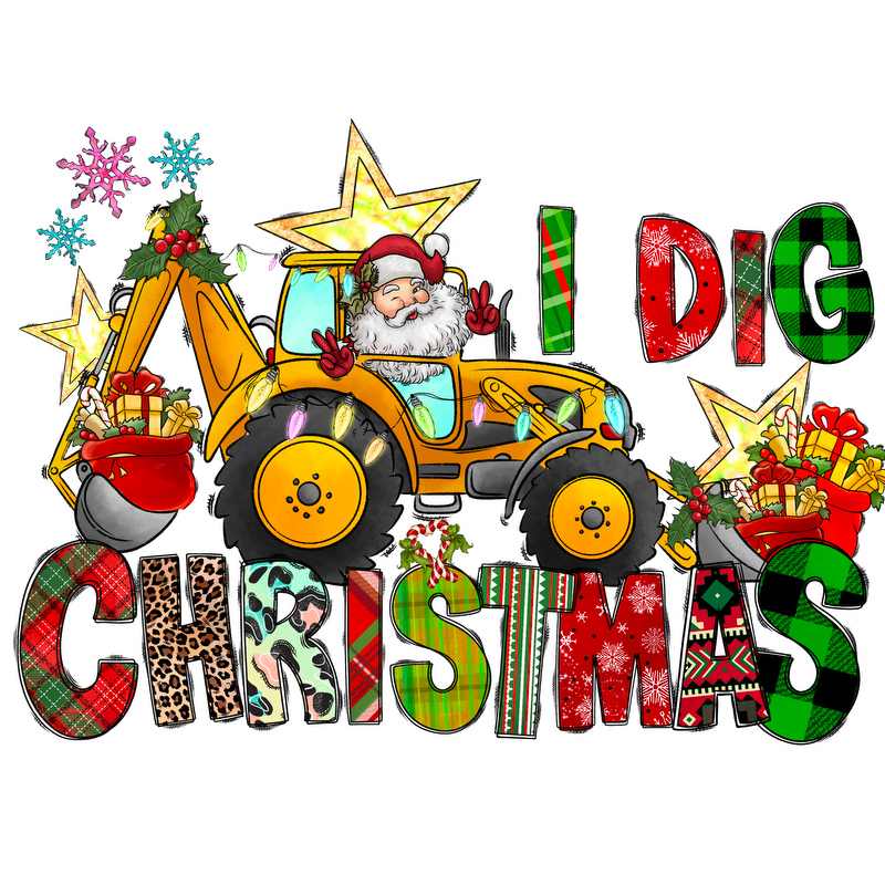 Celebrate the holiday spirit with this cheerful illustration featuring Santa on a tractor surrounded by festive decorations and gifts!DTF Transfers dtf transfers