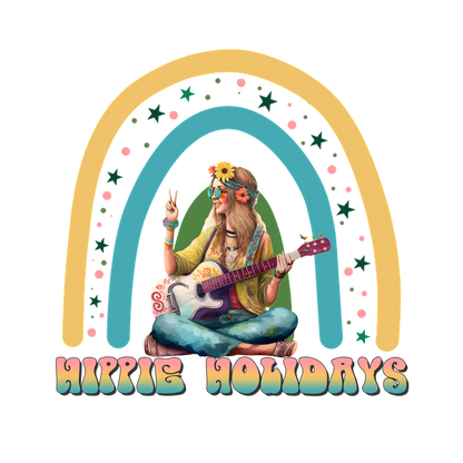 A colorful "Hippie Holidays" design featuring a flower-crowned girl playing guitar under a vibrant rainbow backdrop. dtf transfersdtf regular iron