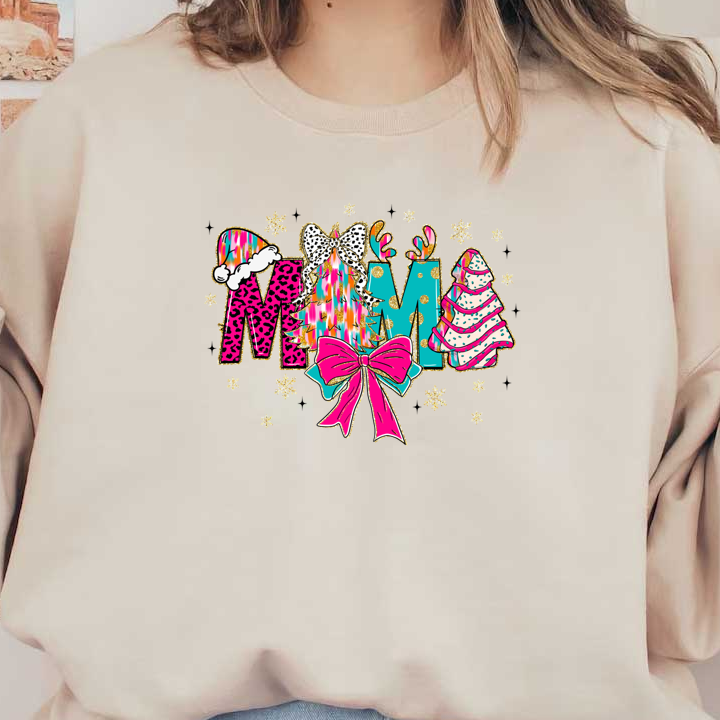 A vibrant and festive "MOM" design featuring colorful letters, Christmas trees, a bold bow, and playful patterns, perfect for holiday cheer.DTF Transfers dtf transfers