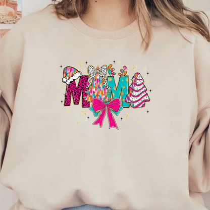 A vibrant and festive "MOM" design featuring colorful letters, Christmas trees, a bold bow, and playful patterns, perfect for holiday cheer.DTF Transfers dtf transfers