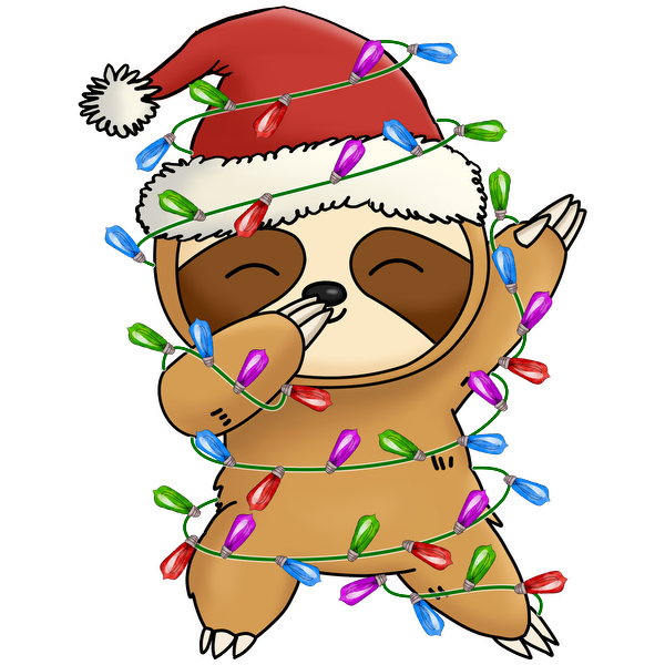 A cheerful cartoon sloth wearing a Santa hat, playfully wrapped in colorful Christmas lights. dtf transfers