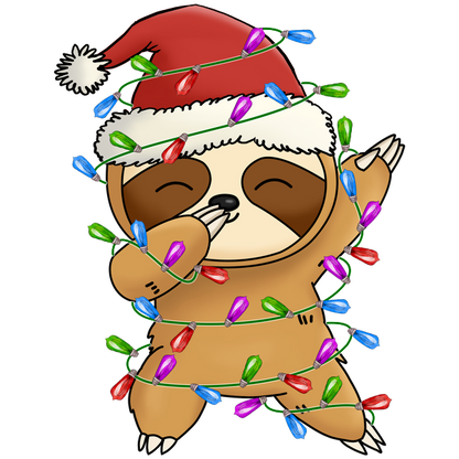 A cheerful cartoon sloth wearing a Santa hat, playfully wrapped in colorful Christmas lights. dtf transfers