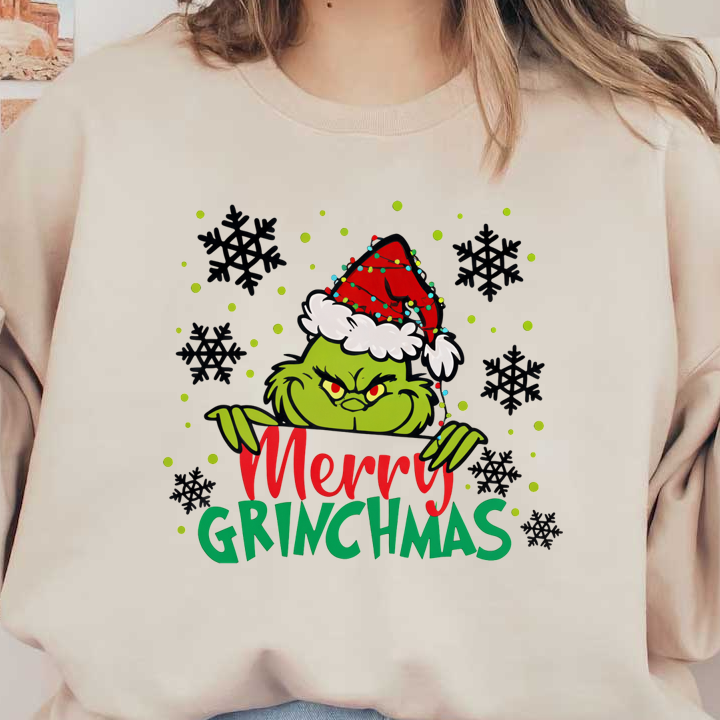 Celebrate the holidays with this fun "Merry Grinchmas" design featuring the iconic green Grinch in a festive Santa hat!DTF Transfersdtf regular iron