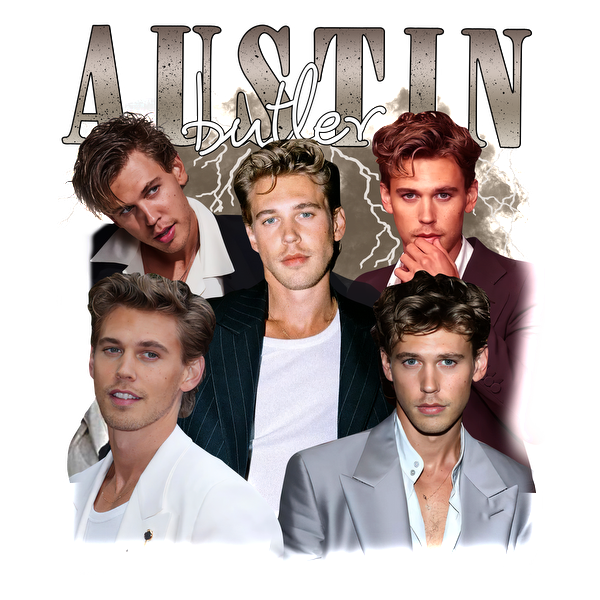 A stylish collage of Austin Butler featuring multiple expressions and outfits, showcasing his charisma and versatility as an actor.DTF Transfers dtf prints