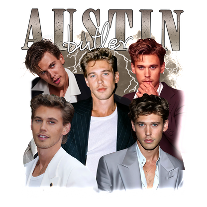 A stylish collage of Austin Butler featuring multiple expressions and outfits, showcasing his charisma and versatility as an actor.DTF Transfers dtf prints