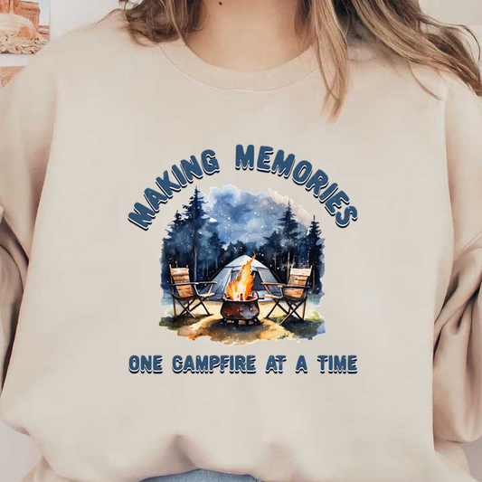 Celebrate the joy of camping with this beautiful illustration of a cozy campfire scene surrounded by chairs and a tent. dtf prints