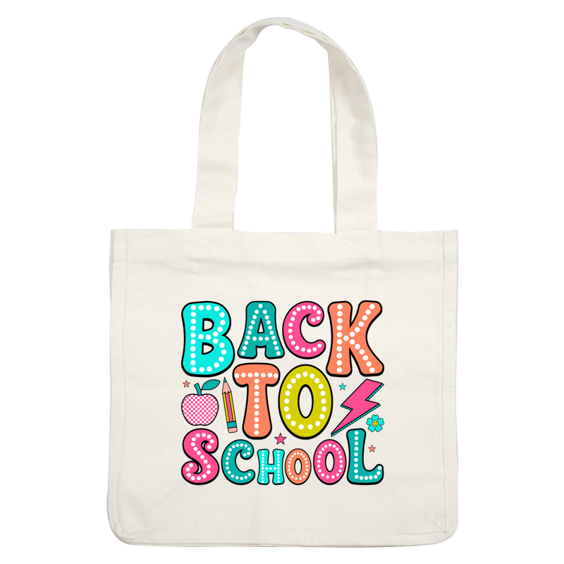 Bright and playful "Back to School" lettering featuring colorful letters, an apple, a pencil, and fun illustrations.DTF Transfers