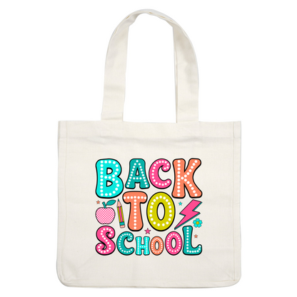 Bright and playful "Back to School" lettering featuring colorful letters, an apple, a pencil, and fun illustrations.DTF Transfers