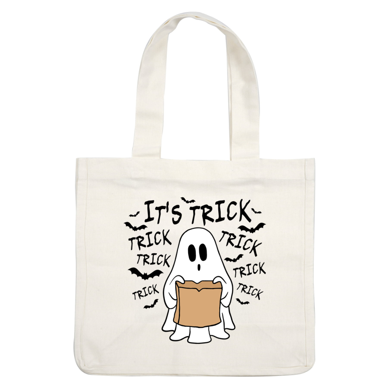 A cute cartoon ghost holding a brown paper bag, set against a black background, perfect for Halloween fun!dtf regular iron