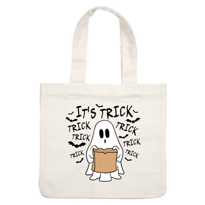 A cute cartoon ghost holding a brown paper bag, set against a black background, perfect for Halloween fun!dtf regular iron