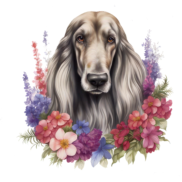 Un perro bellamente ilustrado rodeado de una vibrante variedad de flores coloridas, que muestra sus encantadoras características y su expresión serena.