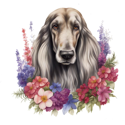 Un perro bellamente ilustrado rodeado de una vibrante variedad de flores coloridas, que muestra sus encantadoras características y su expresión serena.