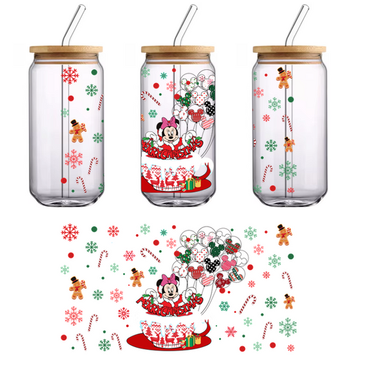 Celebrate the holiday spirit with this cheerful Christmas design featuring Minnie Mouse in a festive cup surrounded by candy canes and ornaments!UV Transfers heat press transfers