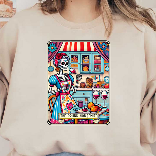 A vibrant, artistic depiction of a skeleton housewife enjoying a drink in a colorful kitchen, titled "The Drunk Housewife."dtf regular iron