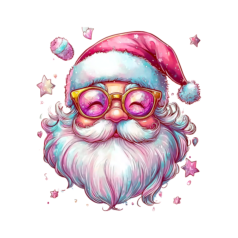 This whimsical illustration features a pink and white Santa hat surrounded by colorful, playful stars and hearts, adding a festive charm.DTF Transfers