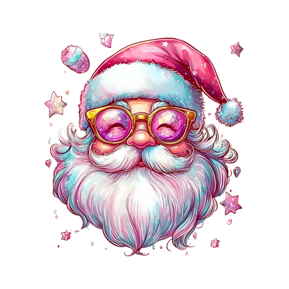 This whimsical illustration features a pink and white Santa hat surrounded by colorful, playful stars and hearts, adding a festive charm.DTF Transfers