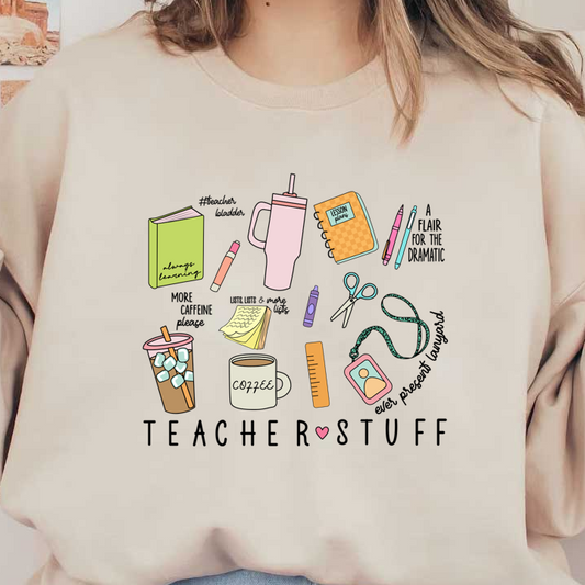 A colorful assortment of study essentials including a notebook, coffee mug, pens, scissors, and a refreshing drink, perfect for learning!DTF Transfers