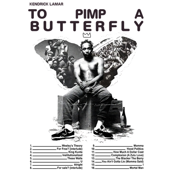 The album cover features Kendrick Lamar seated shirtless, surrounded by impactful images, symbolizing themes from "To Pimp a Butterfly."DTF Transfers