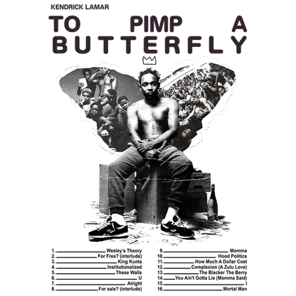 The album cover features Kendrick Lamar seated shirtless, surrounded by impactful images, symbolizing themes from "To Pimp a Butterfly."DTF Transfers