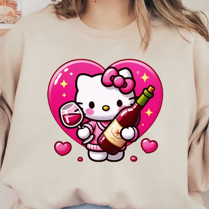 Cute cartoon character holding a bottle of red wine and a glass, surrounded by pink hearts and a vibrant heart background.DTF Transfers heat press transfers