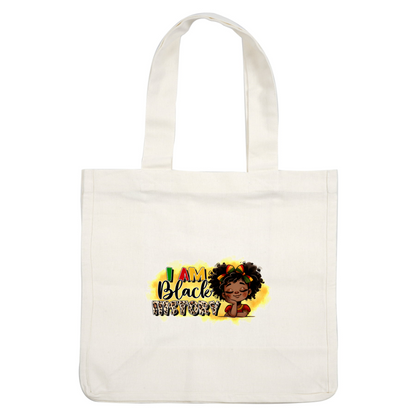 A vibrant illustration featuring a joyful child with curly hair, showcasing the message "I AM Black History" with colorful accents. dtf prints