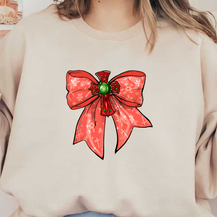 A festive red bow featuring snowflake patterns and a green gemstone center, perfect for holiday decorations. dtf prints