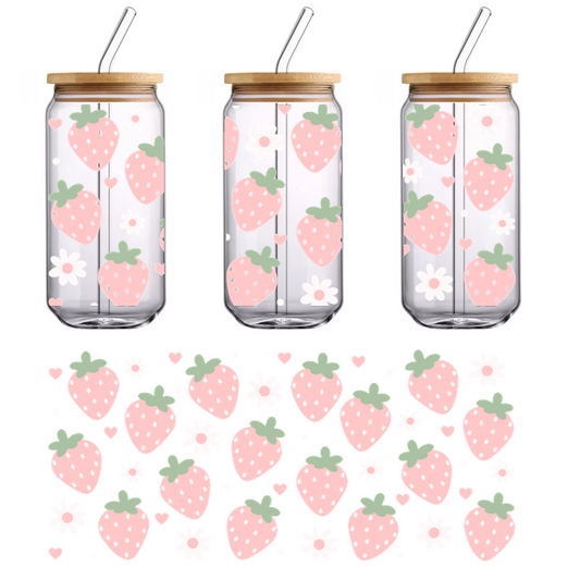 A fabric with pink strawberries and daisies on a black background.UV Transfers