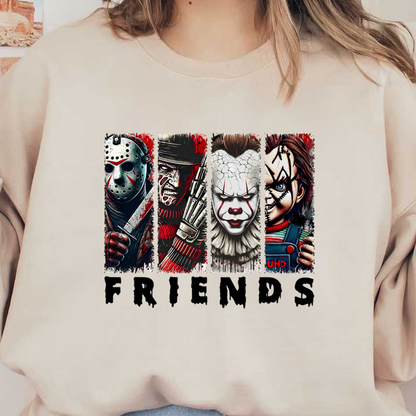 A colorful illustration featuring iconic horror characters: Jason Voorhees, Freddy Krueger, Pennywise, and Chucky, all in a chilling style. dtf transfers