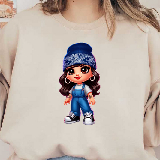 A stylish cartoon character with long hair, wearing a blue beanie, overalls, and sneakers, exuding a fun, trendy vibe. heat press transfers