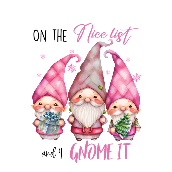 Three cheerful gnomes in pink hats, holding a gift and a tree, surrounded by whimsical snowflakes and the text “Nice List Gnome It.”