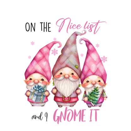 Three cheerful gnomes in pink hats, holding a gift and a tree, surrounded by whimsical snowflakes and the text “Nice List Gnome It.”