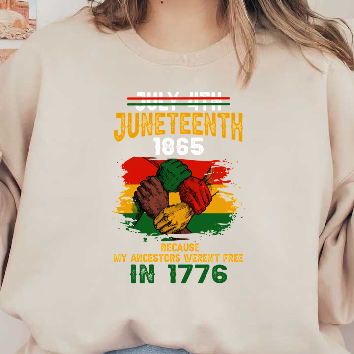 A vibrant graphic highlighting Juneteenth with interlocking hands, celebrating freedom and emphasizing ancestral connections, dated 1865. dtf prints