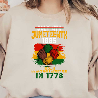 A vibrant graphic highlighting Juneteenth with interlocking hands, celebrating freedom and emphasizing ancestral connections, dated 1865. dtf prints