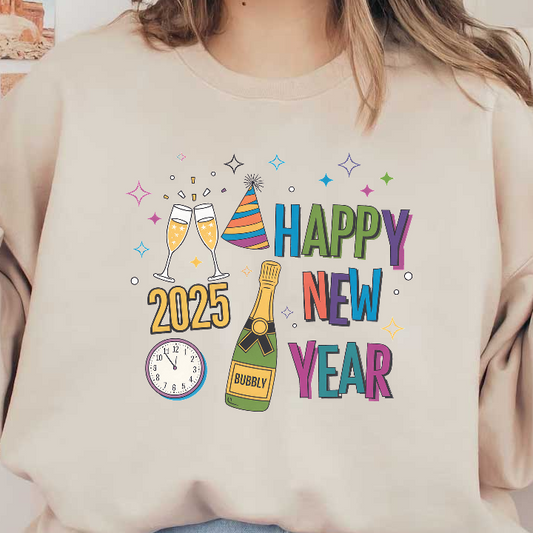 Celebrate the New Year with a vibrant design featuring champagne glasses, a festive party hat, and “Happy New Year 2025”!DTF Transfers